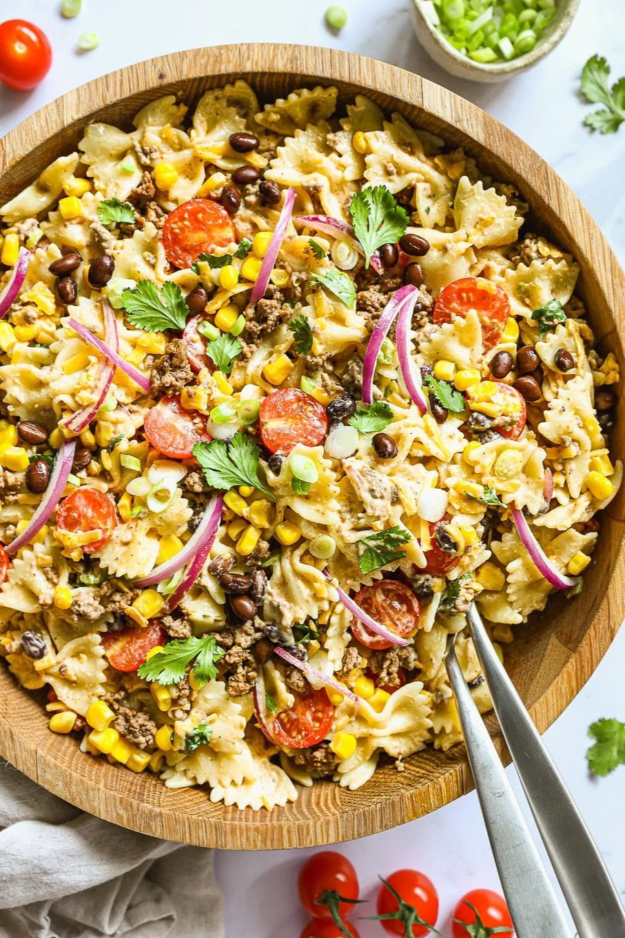 Delicious Cowboy Pasta served in a bowl with herbs and vegetables