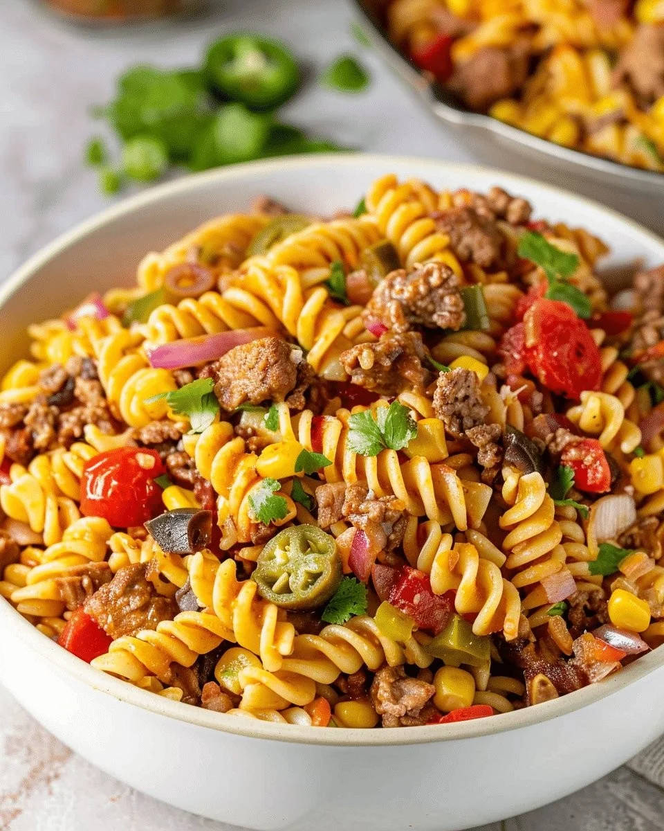 Colorful Cowboy Pasta Salad with vegetables and dressing in a bowl