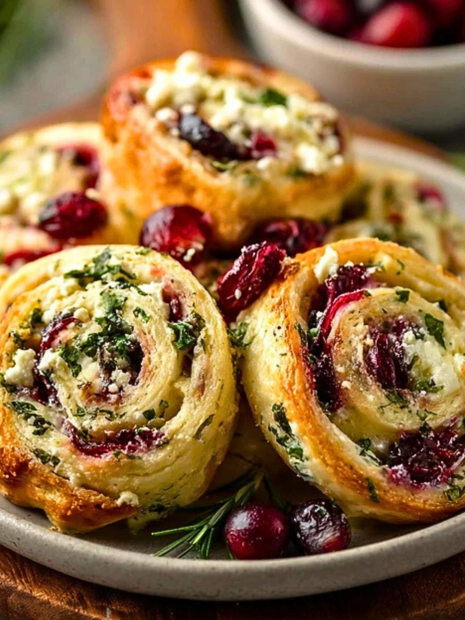 Cranberry Cream Cheese Pinwheels with feta and herbs on a platter