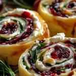 Delicious cranberry feta pinwheels with cream cheese on a plate.