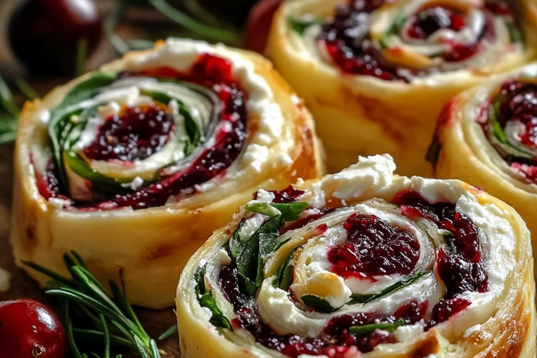 Delicious cranberry feta pinwheels with cream cheese on a plate.