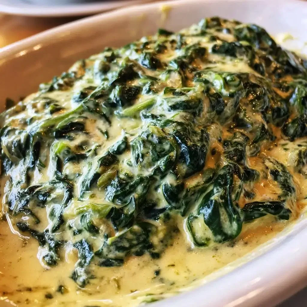 Bowl of delicious homemade creamed spinach recipe garnished with spices