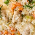 Creamy chicken and rice soup bowl garnished with herbs