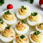 Creamy Christmas stuffed eggs served on a festive platter.