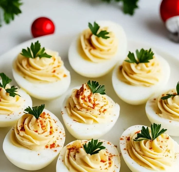 Creamy Christmas stuffed eggs served on a festive platter.