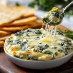 Creamy spinach artichoke dip served in a bowl with tortilla chips