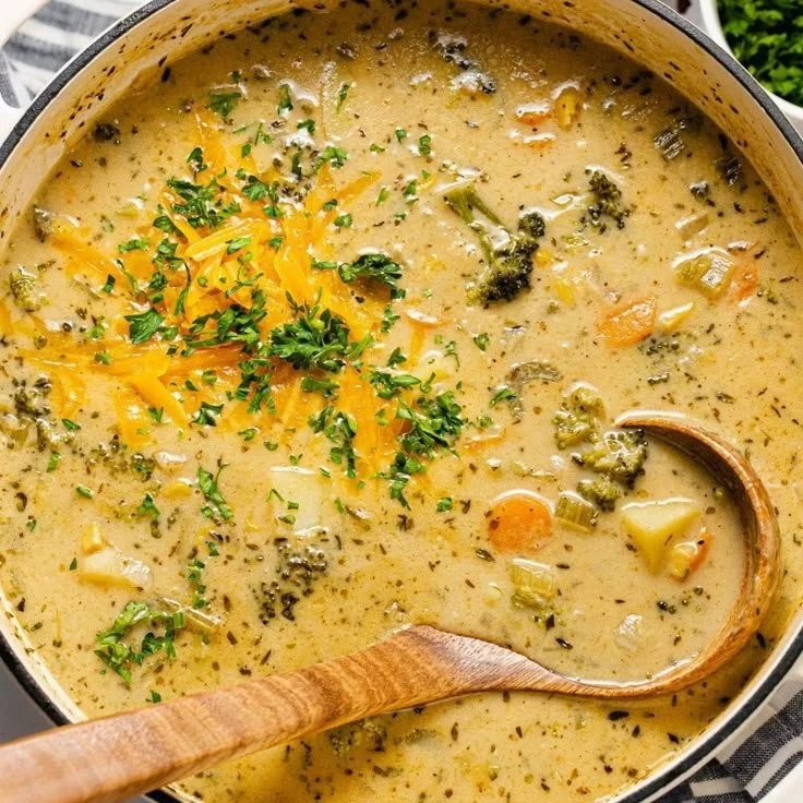Bowl of creamy vegetable soup garnished with fresh herbs