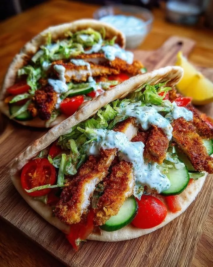 Crispy chicken pitas with fresh vegetables and tzatziki sauce
