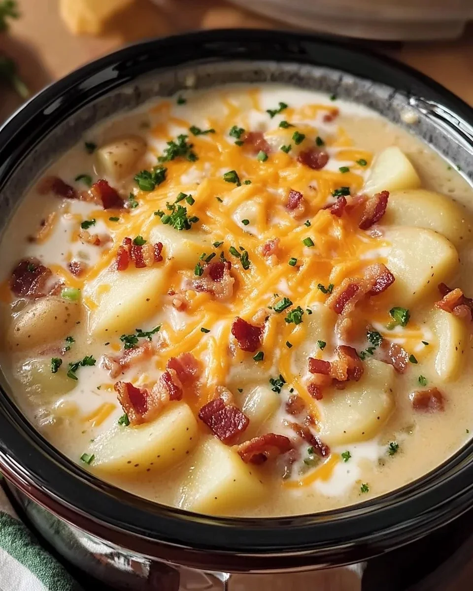 Delicious serving of Crock Pot Crack Potato Soup in a bowl with toppings