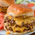 Slow-cooked Crockpot Cheeseburgers served on a plate with toppings