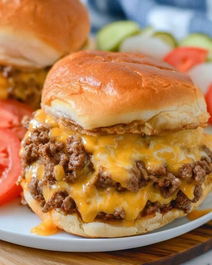 Slow-cooked Crockpot Cheeseburgers served on a plate with toppings