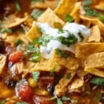 Delicious Crockpot Chicken Tortilla Soup garnished with tortilla strips and avocado