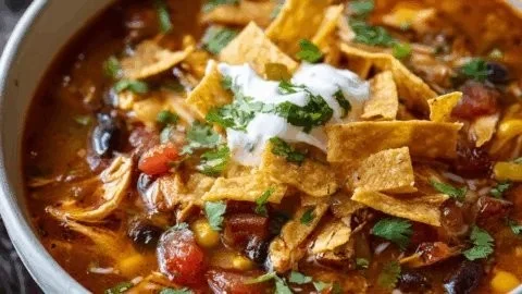 Delicious Crockpot Chicken Tortilla Soup garnished with tortilla strips and avocado