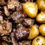 Crockpot garlic butter beef bites served with potatoes