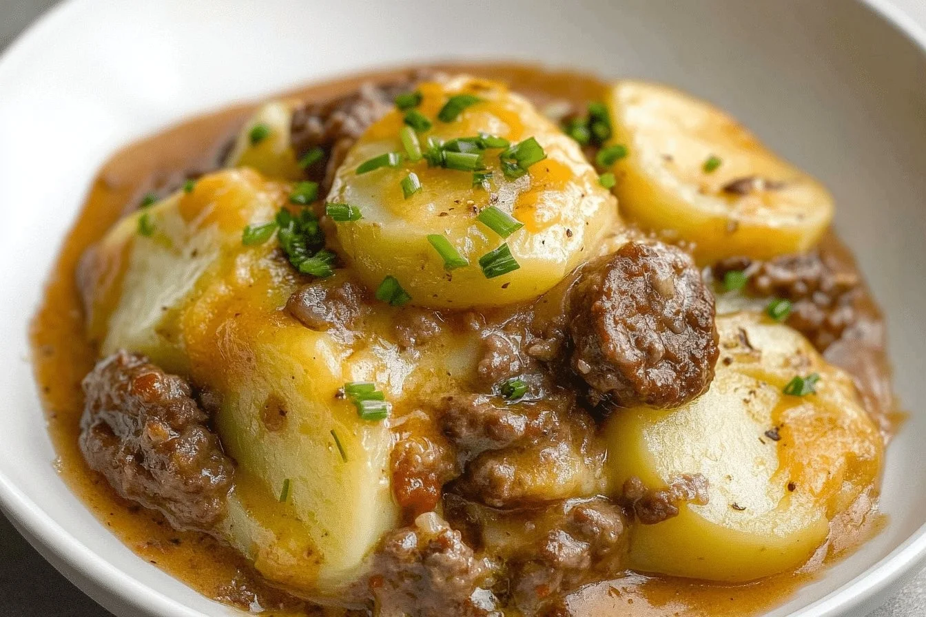 Delicious Crockpot hamburger potato casserole served in a bowl