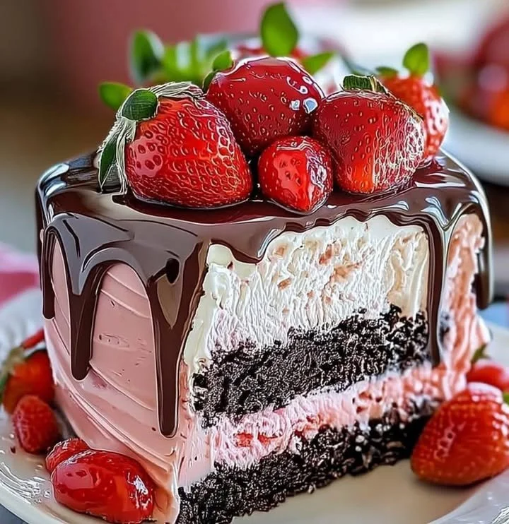 Decadent strawberry chocolate cake with creamy frosting and fresh strawberries on top.