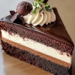 Decadent triple chocolate mousse cake with layers of rich chocolate and whipped cream