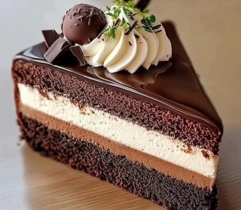 Decadent triple chocolate mousse cake with layers of rich chocolate