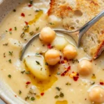 A bowl of delicious garlic chickpea soup garnished with herbs and spices.