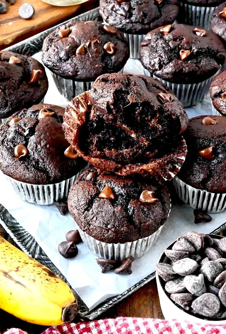 Double chocolate banana muffins with chocolate chips and banana slices