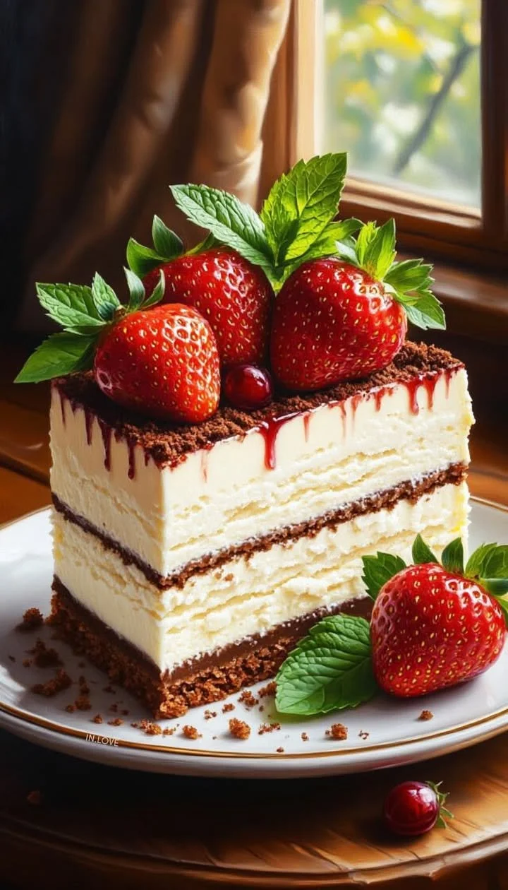Double-layer strawberry cheesecake with fresh strawberry topping