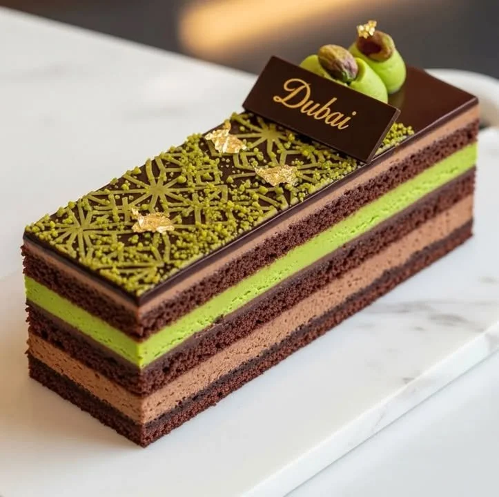 Dubai Chocolate Pistachio Opera Cake with layers of chocolate and pistachio flavors.