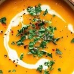 Bowl of creamy butternut squash and sweet potato soup garnished with herbs.