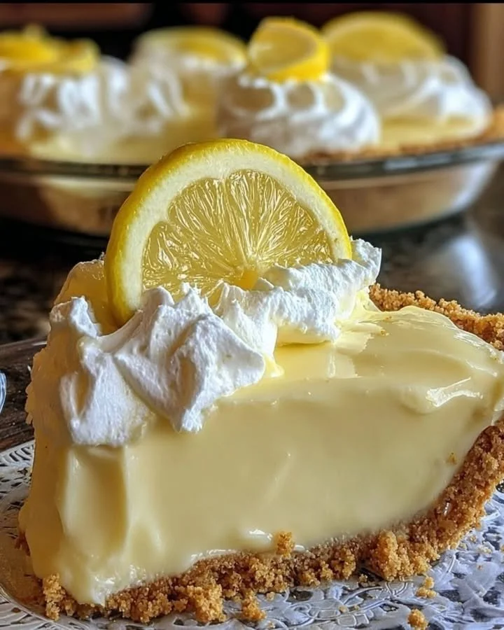 Slice of easy lemon cream cheese pie garnished with lemon zest