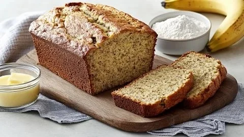 Slice of easy moist banana bread on a wooden cutting board