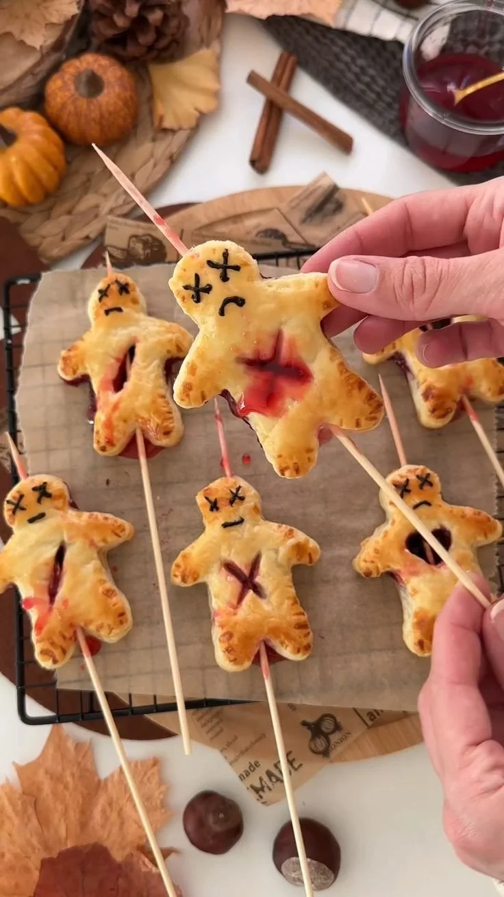 Easy puff pastry voodoo dolls with honey fake blood for Halloween treats