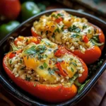 Delicious easy vegetarian stuffed bell peppers filled with rice and vegetables