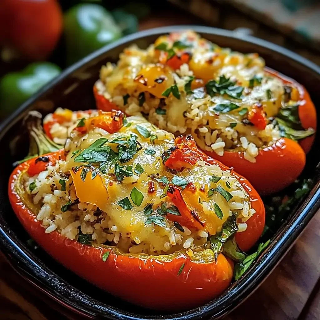 Delicious easy vegetarian stuffed bell peppers filled with rice and vegetables