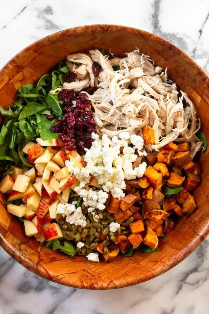 Fall Harvest Salad with Chicken featuring seasonal vegetables and vibrant colors.