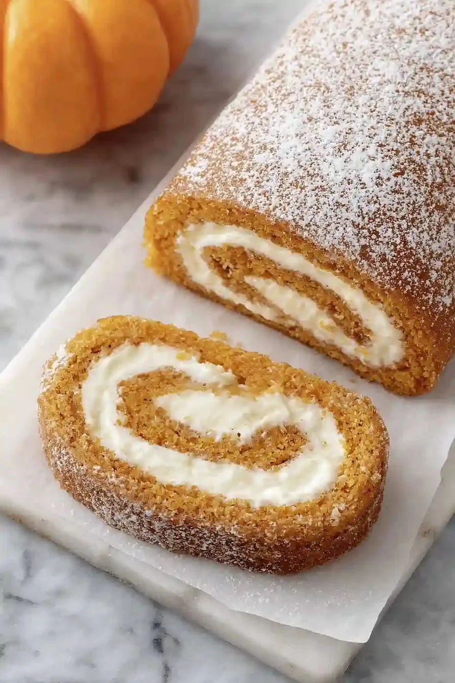 Delicious fall pumpkin spice roll cake with a warm, spicy filling