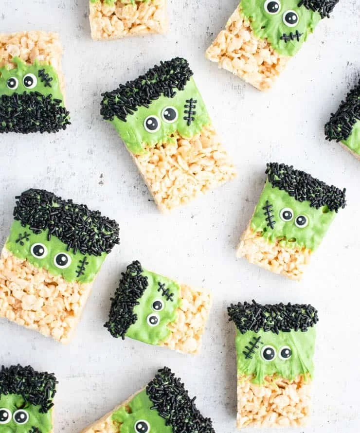 Frankenstein Halloween Rice Krispie Treats decorated with green icing