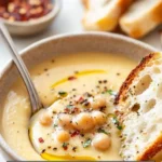 A bowl of homemade Garlic Chickpea Soup garnished with herbs.
