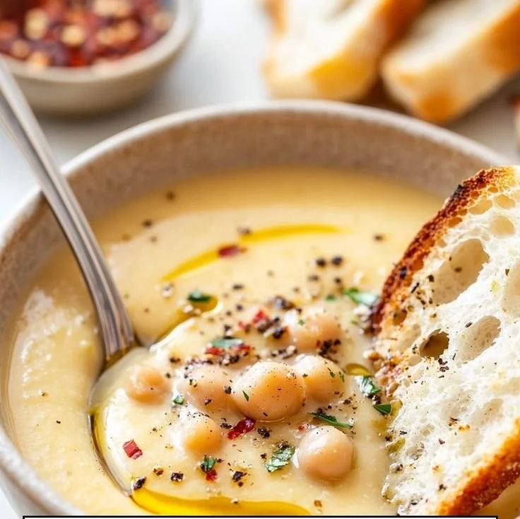 A bowl of homemade Garlic Chickpea Soup garnished with herbs.