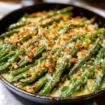 Plate of Garlic Parmesan Green Beans garnished with parmesan cheese