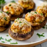 Plate of garlic parmesan stuffed mushrooms ready to serve as appetizers