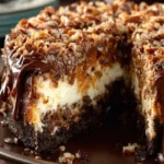 Delicious slice of German Chocolate Cheesecake topped with coconut and pecan frosting