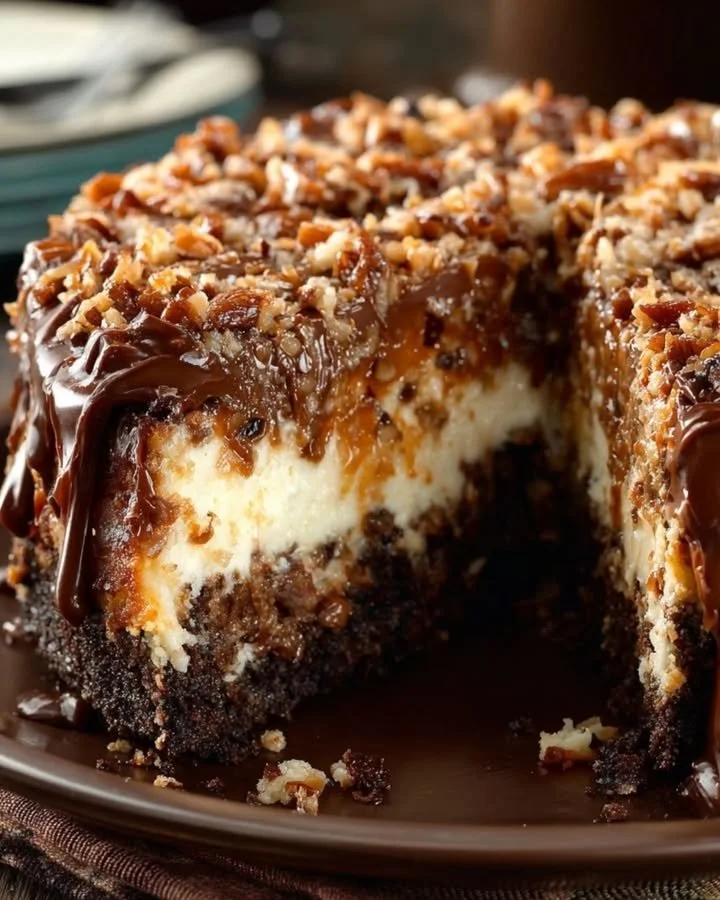 Delicious slice of German Chocolate Cheesecake topped with coconut and pecan frosting
