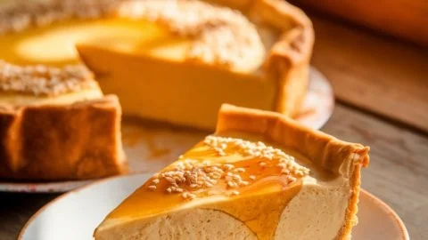 Golden Greek Honey Pie dessert with honey and nuts on a decorative plate