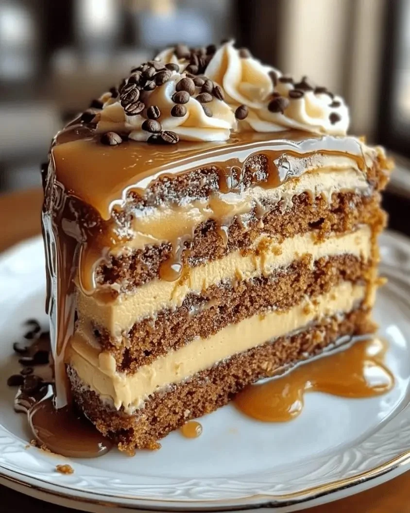 Delicious Gooey Coffee Caramel Cake topped with caramel drizzle