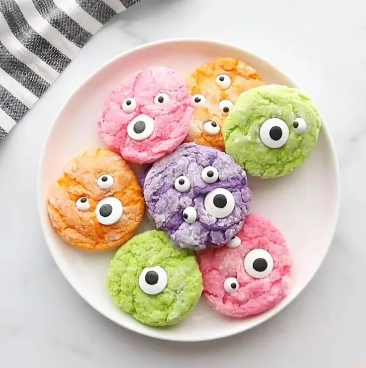 Gooey Monster Cake Cookies made with colorful cake mix and chocolate chips