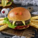 Halloween burgers decorated with spooky toppings for a festive treat