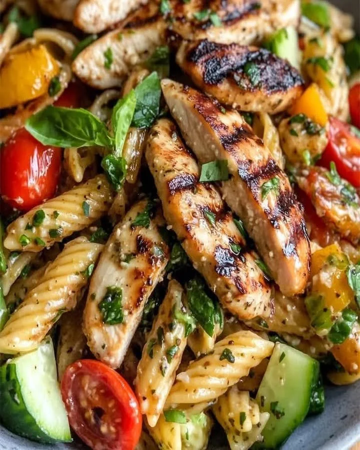 Grilled chicken salad with vegetables and balsamic vinegar dressing
