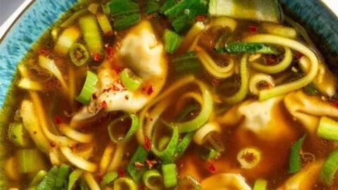 Bowl of Gyoza Soup with dumplings and vegetables