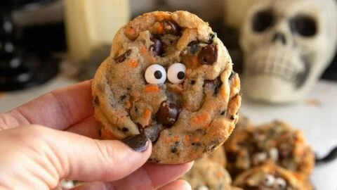 Plate of Halloween chocolate chip cookies decorated for the festive season
