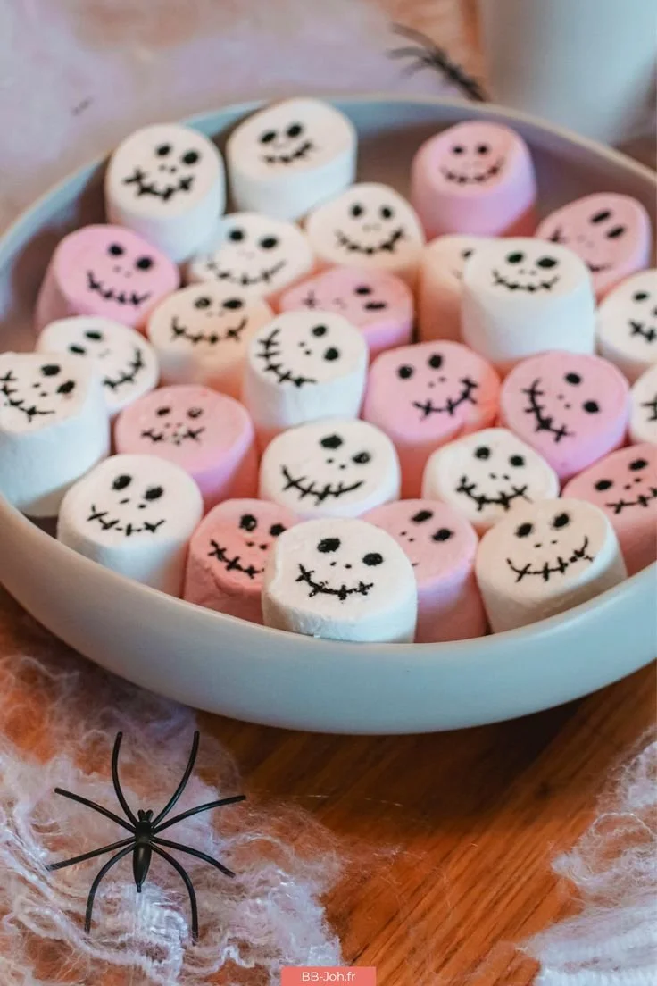 Halloween marshmallows featuring spooky skeleton designs