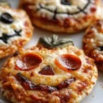 Spooky Halloween mini pizzas topped with cheese and pepperoni